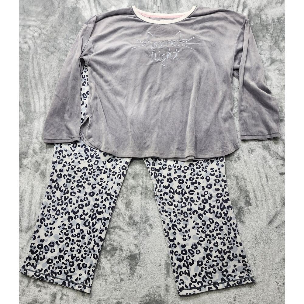 Layla Pajama Set Womens XXL (22/24) Gray Fleece‎ Embroidered Purrfect Night Cat